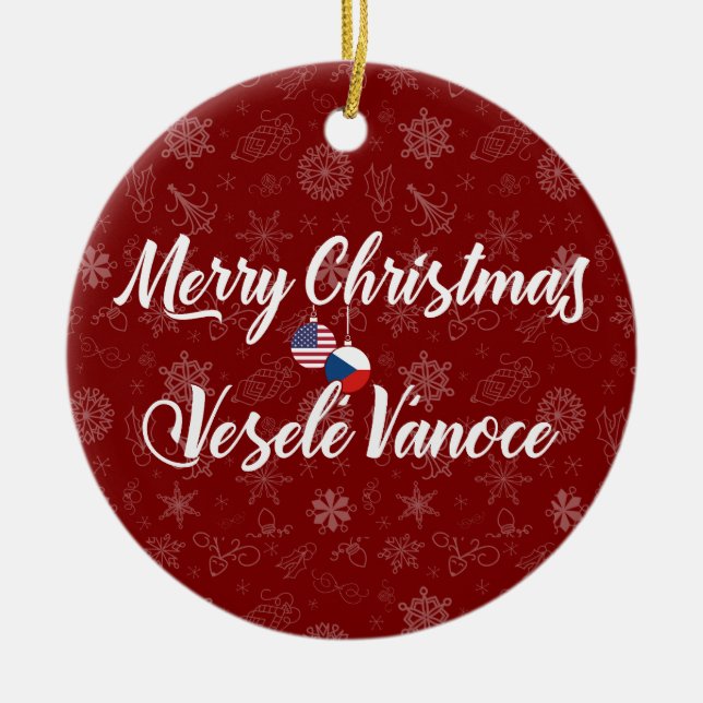 Czech American Bilingual Merry Christmas Ceramic Tree Decoration (Front)