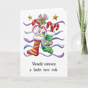 Czech - Christmas Stocking With Rabbit And Gifts - Holiday Card