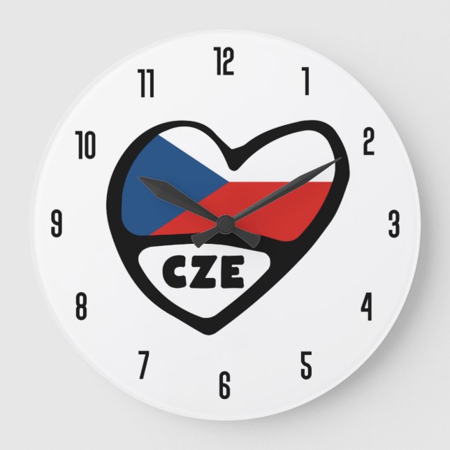 Czech Republic Country Code CZE Flag Heart Large Clock (Front)