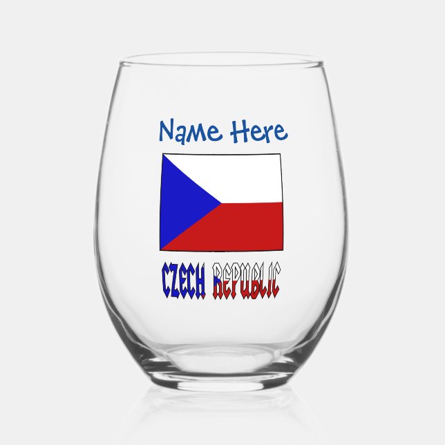 Czech Republic Czechia Flag Blue Personalisation  Stemless Wine Glass (Front)