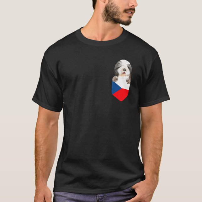 Czech Republic Flag Bearded Collie Dog In Pocket T-Shirt (Front)