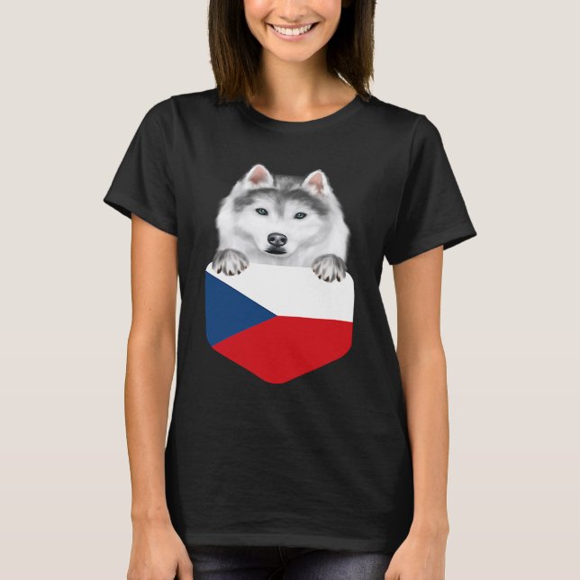 Czech Republic Flag Siberian Husky Dog In Pocket T-Shirt (Front)