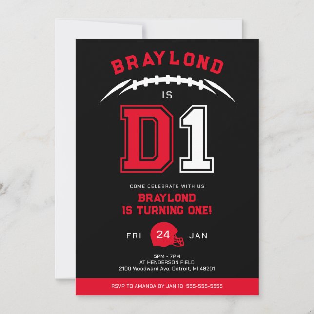 D1 American Football First Birthday Invitation (Front)