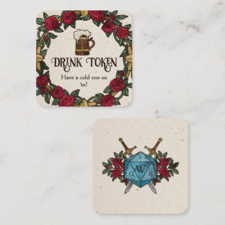 D20 Monogram Rose Wreath RPG Wedding Drink Ticket Enclosure Card