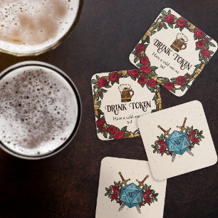 D20 Monogram Rose Wreath RPG Wedding Drink Ticket Enclosure Card