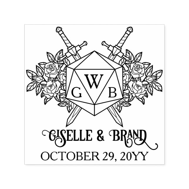 D20 Monogram Roses RPG Themed Wedding Self-inking Stamp (Design)