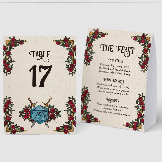 D20 Monogram Roses RPG Wedding Menu & Table Number