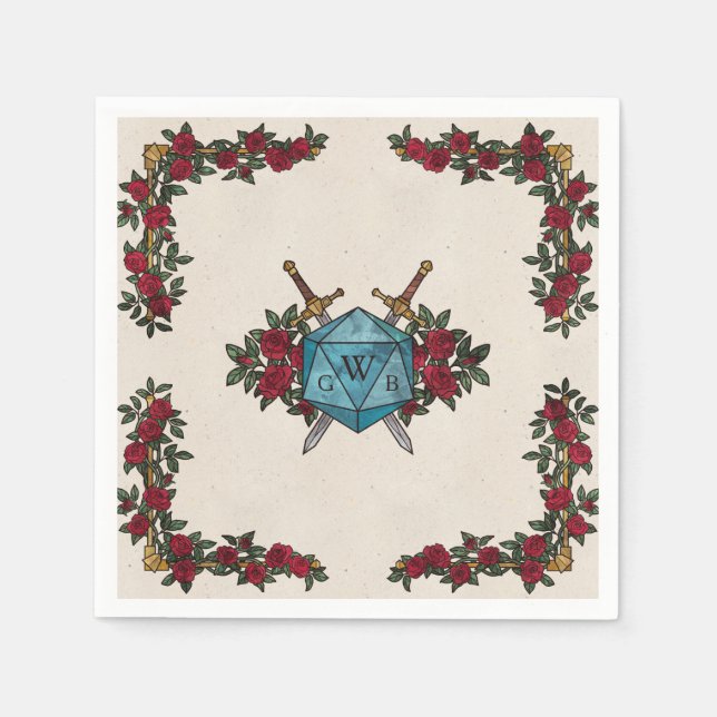 D20 Monogram Roses RPG Wedding  Napkin (Front)