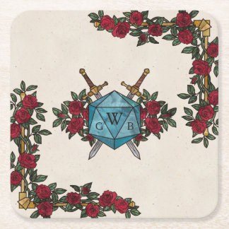D20 Monogram Roses RPG Wedding Square Paper Coaster