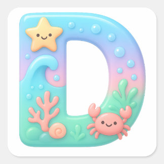 "D" Cute Bubble Letter - Underwater Sea Creature A Square Sticker