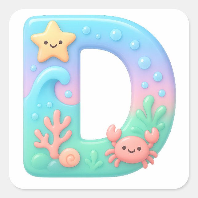 "D" Cute Bubble Letter - Underwater Sea Creature A Square Sticker (Front)