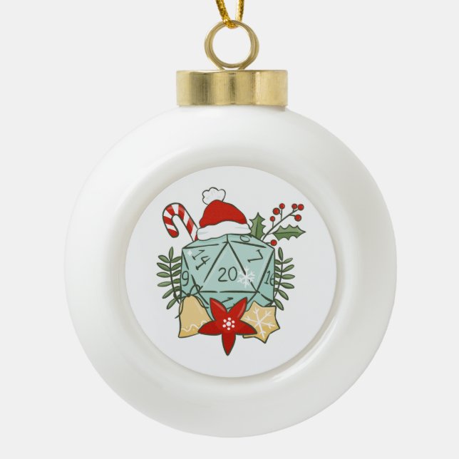 D&D Christmas D20 Dice Ceramic Ball Christmas Ornament (Front)