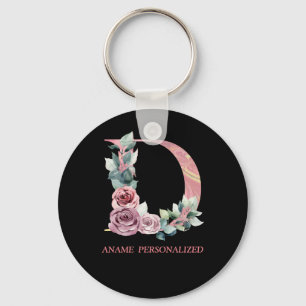 D Floral Monogram Name Letters Pink Agate Keychain