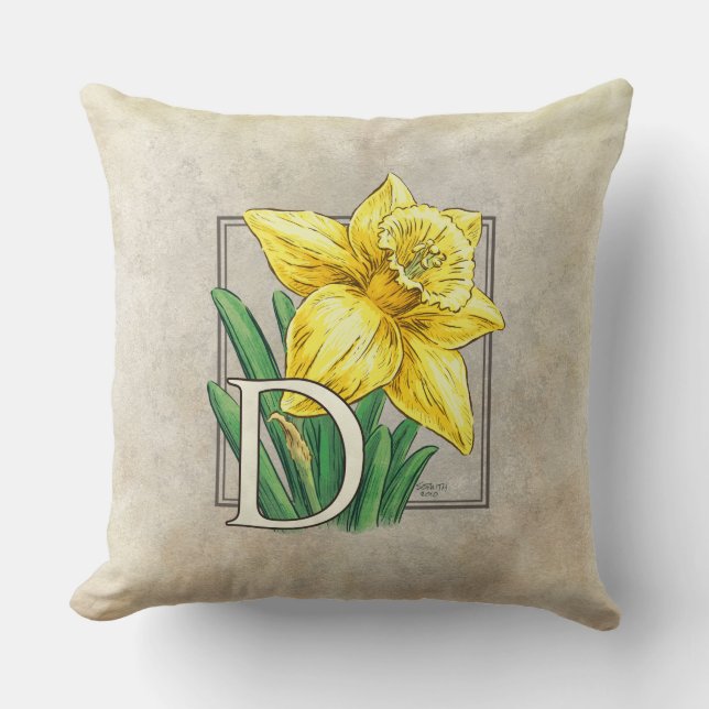 D for Daffodil Floral Monogram Cushion (Front)