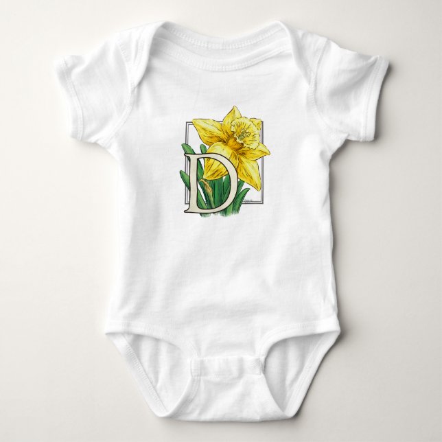 D for Daffodil Flower Monogram Baby Clothes Bodysuit (Front)