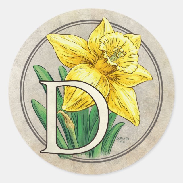 D for Daffodil Flower Monogram Round Stickers (Front)