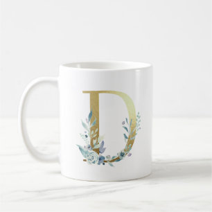 D  gold initial with blue floral foliage coffee mug