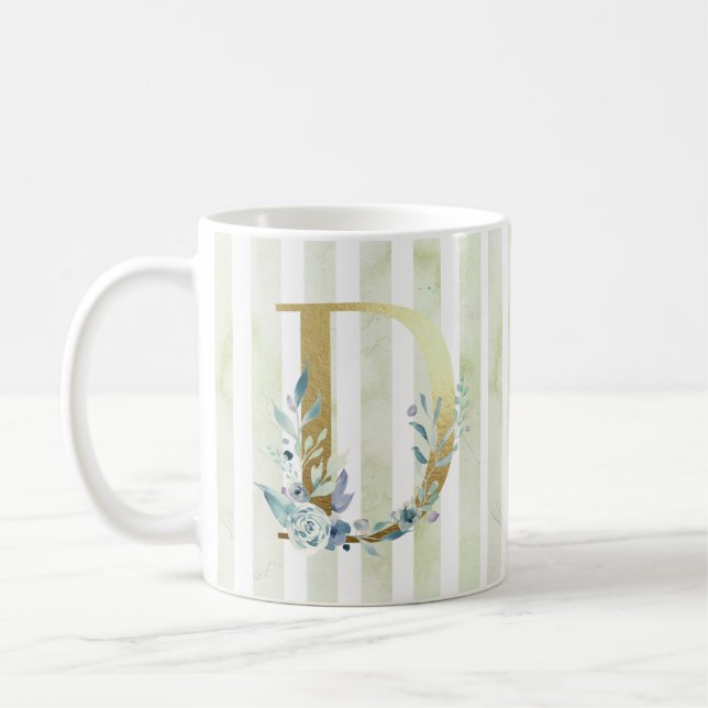 D  golden initial on blue and white stripes coffee mug (Left)