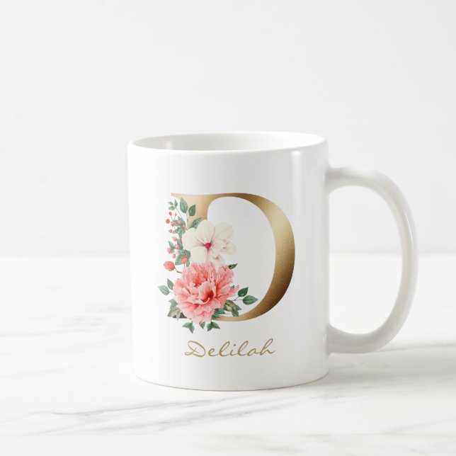 D Letter Gold Monogram | Pink White Green Floral Coffee Mug (Right)