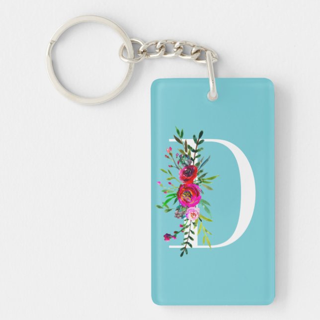 D Letter Initial Monogram Floral Custom Colour Key Ring (Front)