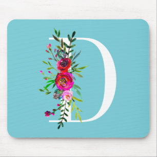 D Letter Initial Monogram Floral Custom Colour Mouse Mat