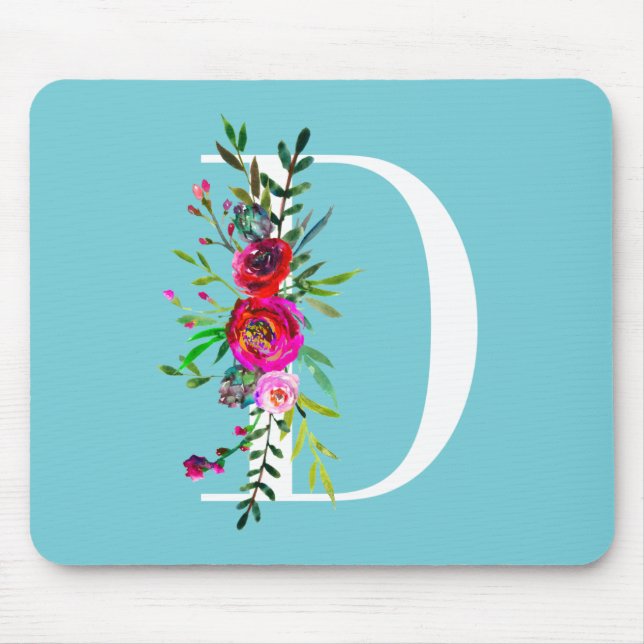 D Letter Initial Monogram Floral Custom Colour Mouse Mat (Front)