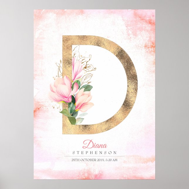 D Letter Monogram Gold Leaves Pink Magnolia Floral Poster (Front)