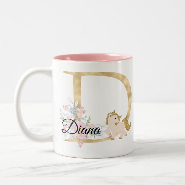 D letter personalised name monogram with pony Two-Tone coffee mug (Left)