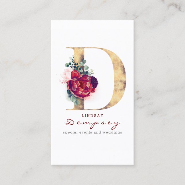D Monogram Burgundy Red Flowers and Faux Gold Business Card (Front)