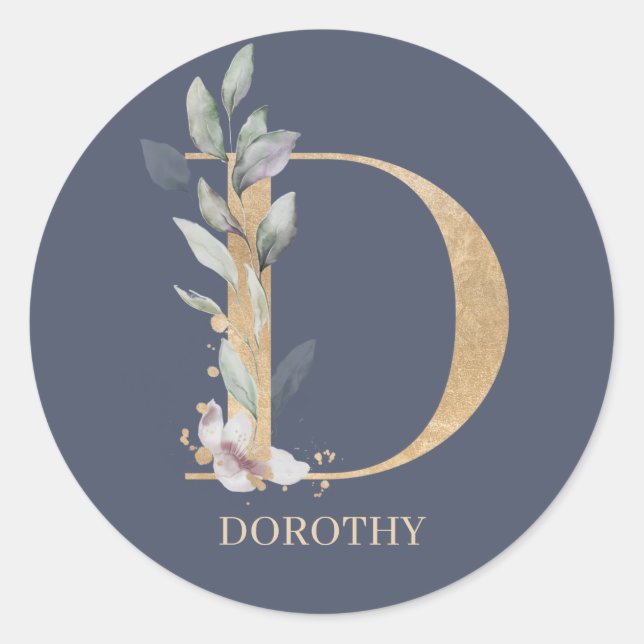 D Monogram Floral Personalised Classic Round Stick Sticker (Front)
