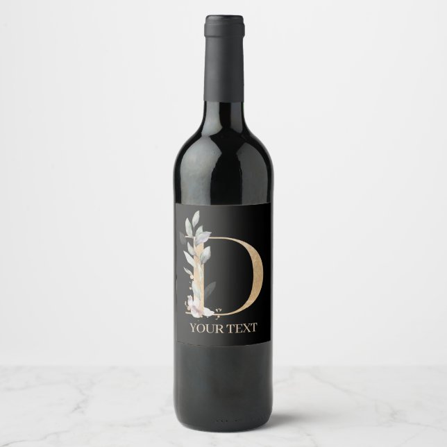 D Monogram Floral Personalised Wine Label (Front)
