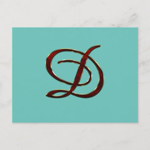 D monogram in copper-colored script on postcard
