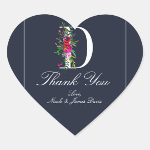 D Monogram Last Initial Modern Blue Floral Wedding Heart Sticker