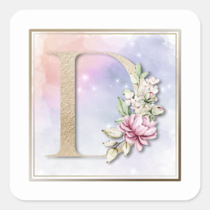D Monogram Pink Floral Square Sticker