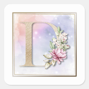 D Monogram Pink Floral Square Sticker