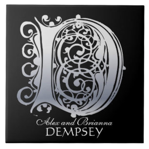 D Monogram "Silver Lace on Black" with Names Tile