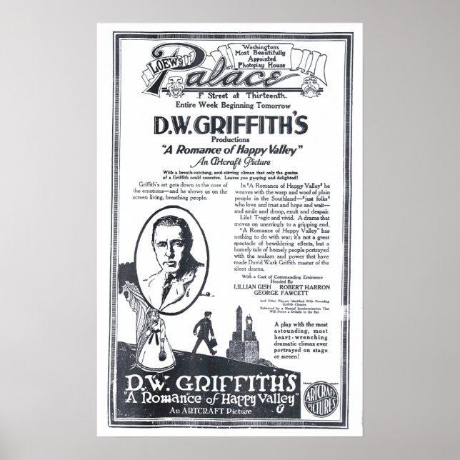 D.W. Griffith 1919 vintage movie ad poster (Front)
