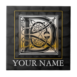D "Your Name" Celtic Black Stone Monogram Tile