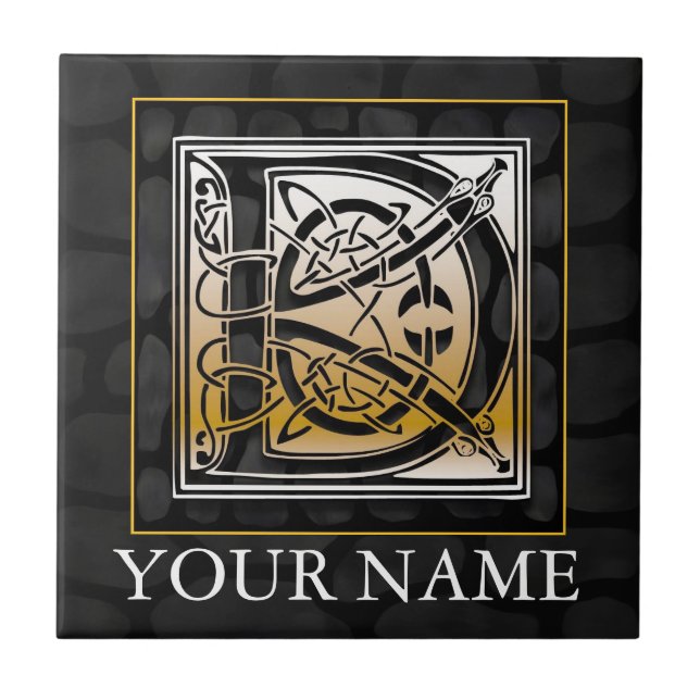 D "Your Name" Celtic Black Stone Monogram Tile (Front)