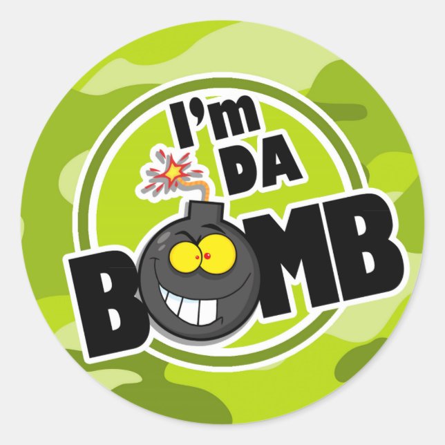 Da Bomb! bright green camo, camouflage Classic Round Sticker (Front)