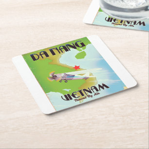 Da Nang Vietnam vintage travel poster Square Paper Coaster