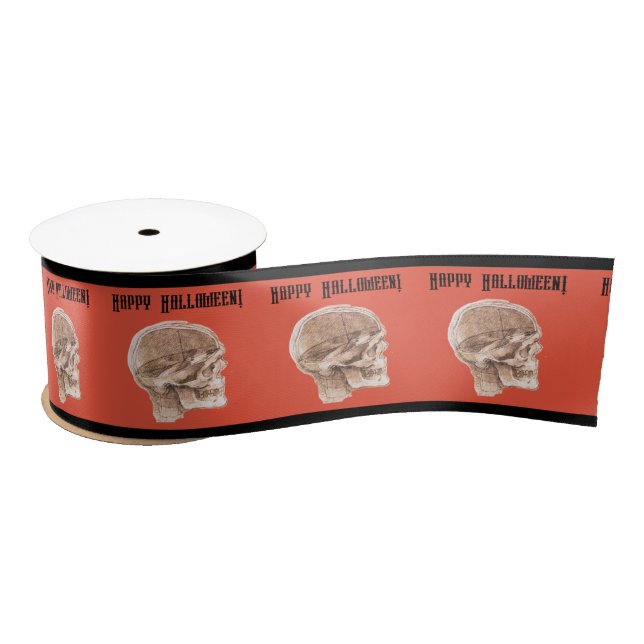 Da Vinci Halloween Science Anatomy Skull Print Satin Ribbon (Spool)