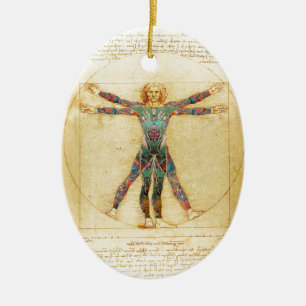 Da Vinci's Vitruvian man with tattoos Ceramic Tree Decoration