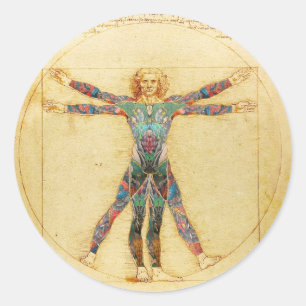 Da Vinci's Vitruvian man with tattoos Classic Round Sticker