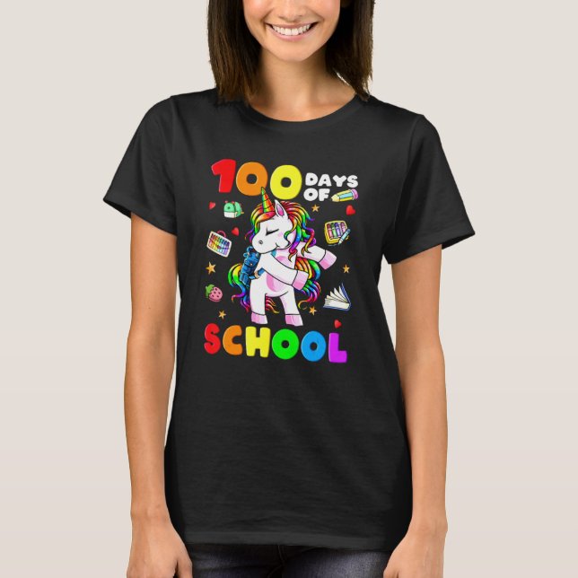 Dab 100 Days Of School Dabbing Unicorn Girl Teache T-Shirt (Front)