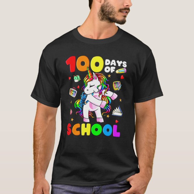 Dab 100 Days Of School Dabbing Unicorn Girl Teache T-Shirt (Front)