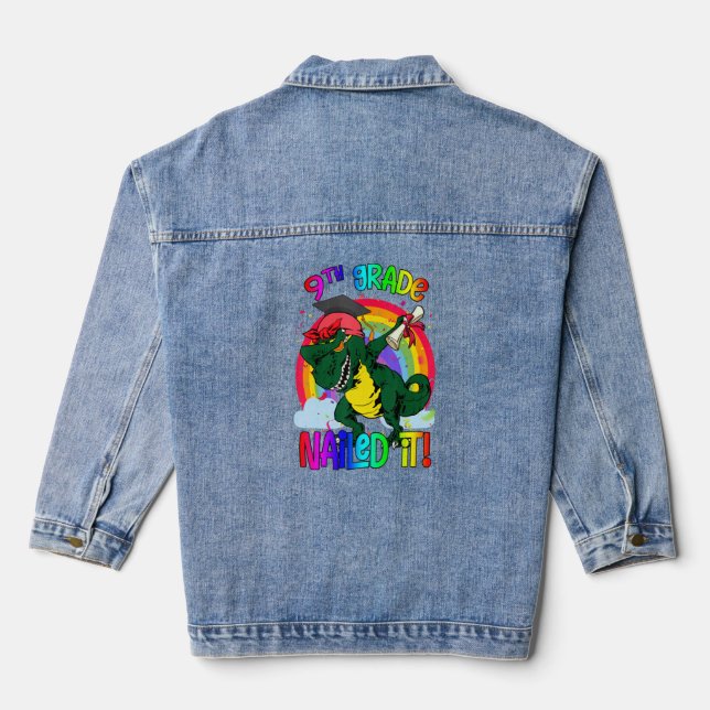Dabbing 9th Grade Dinosaur Rex Graduation Nailed I Denim Jacket (Back)