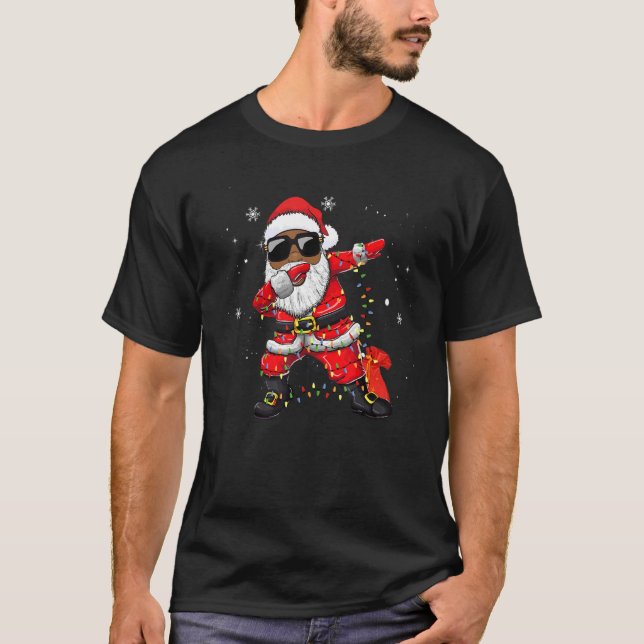 Dabbing African American Santa  Christmas Tree Lig T-Shirt (Front)