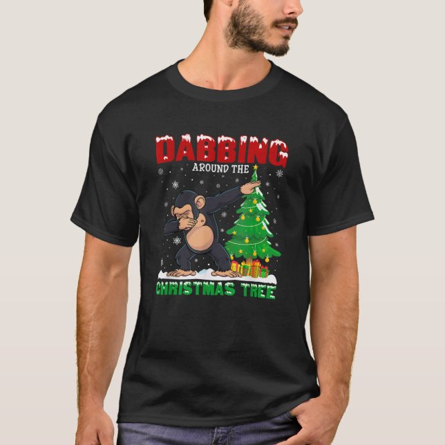 Dabbing Around the Christmas Tree Chimpanzee Xmas  T-Shirt (Front)