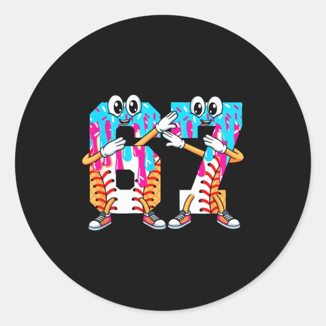 Dabbing Baseball Ice Cream Drip Number 67 Birthday Classic Round Sticker (Front)